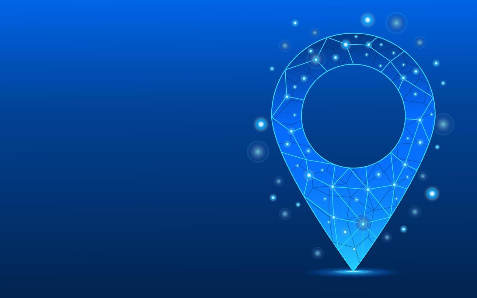 Abstract location pin in electric blue futuristic holographic low poly style. vector