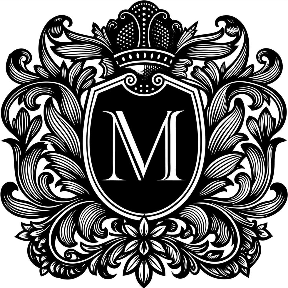 Classic Monogram M with Floral Ornaments and Crown vector