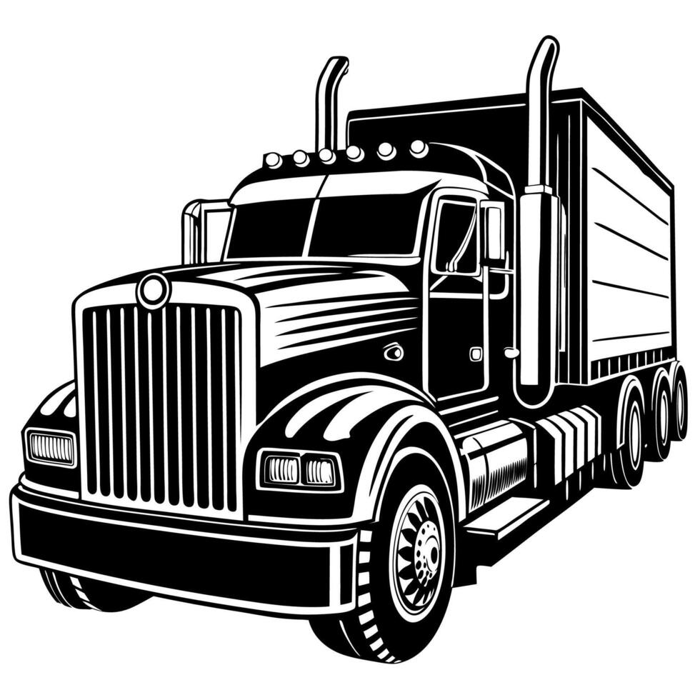 Black and White Classic Semi Truck Illustration with Detailed Design and Realistic Shading vector