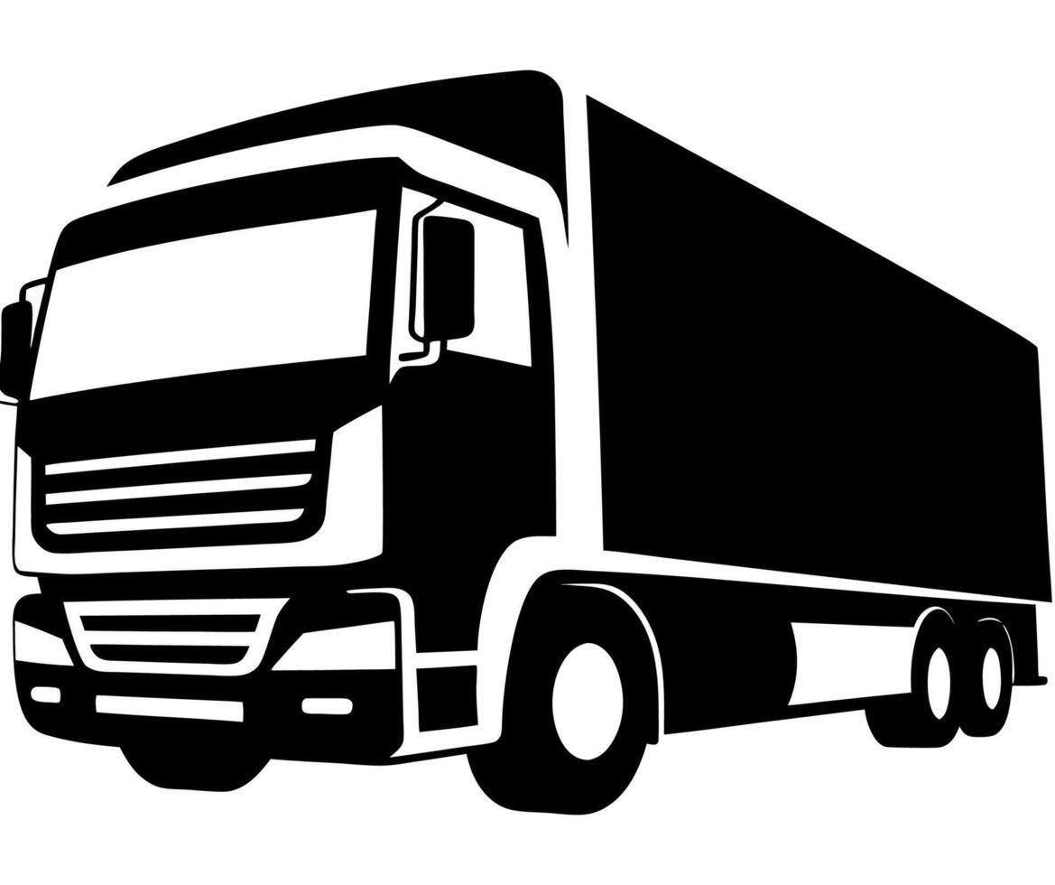 Black and white illustration of a large cargo truck with a spacious cabin and a long trailer vector