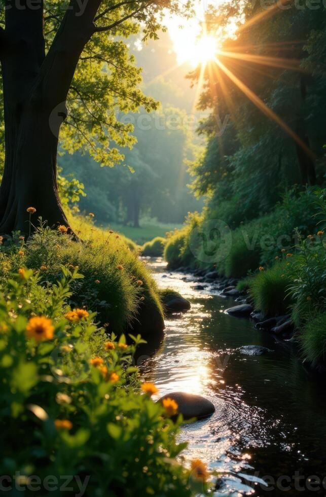 Sunlight filtering through trees illuminating flowing stream in lush forest photo