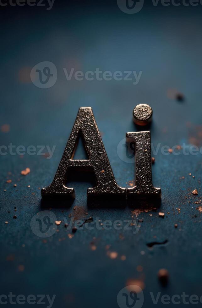 Metallic ai letters resting on dark blue surface with copper flakes photo