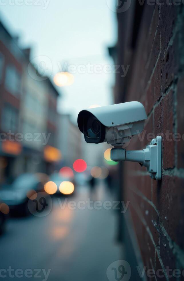 Security camera monitoring blurred city street at dusk photo