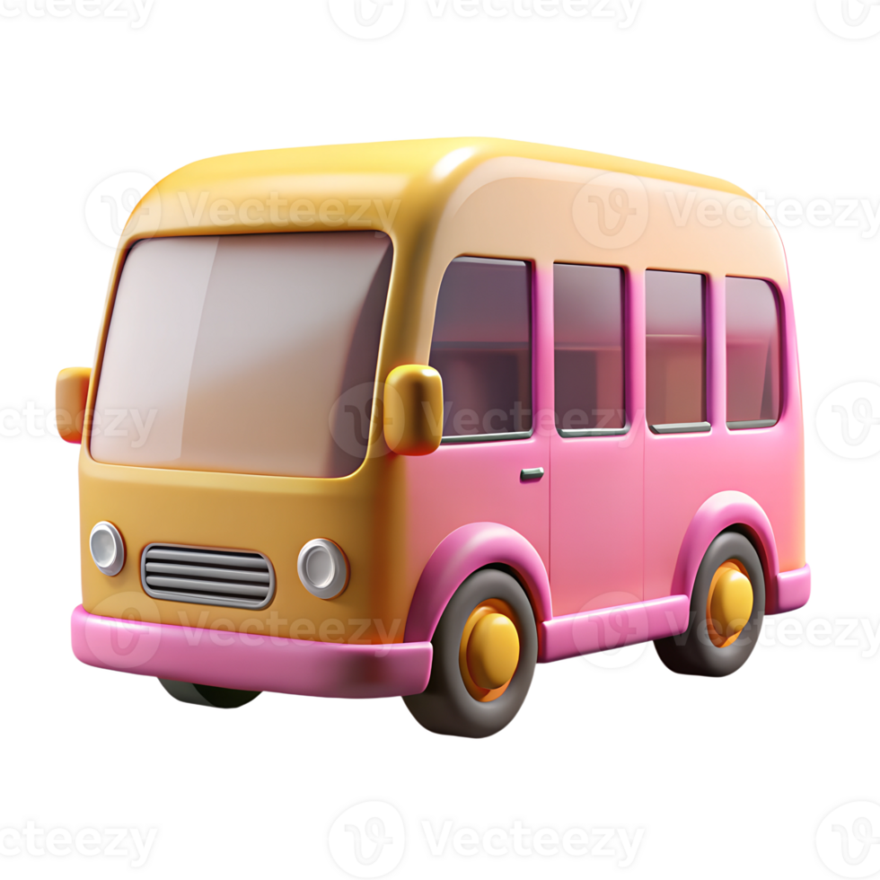 Pink and yellow travel summer bus 3d illustration isolated on the transparent background png