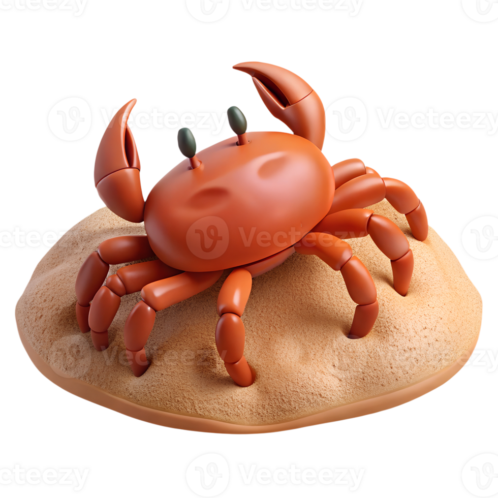 Cartoon red crab on a sand 3d illustration isolated on the transparent background png