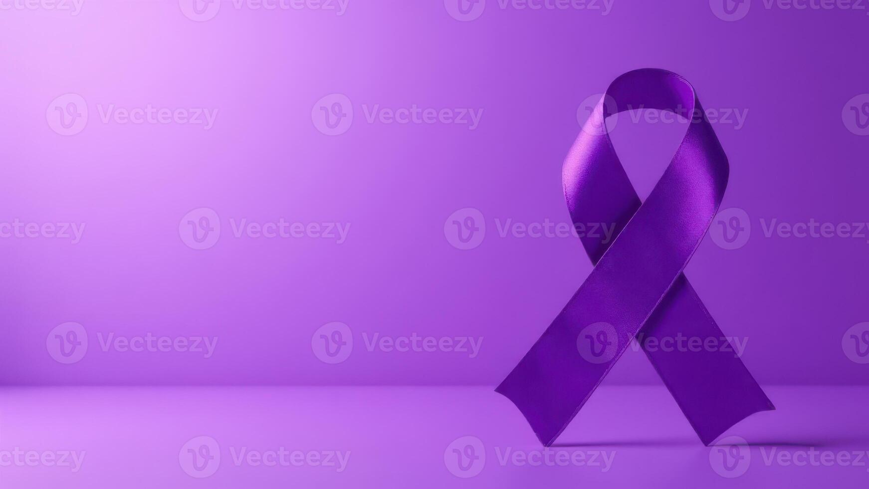 Purple ribbon standing on purple background symbolizing support for many causes photo