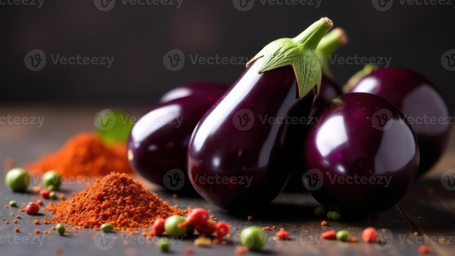 Fresh eggplants with red pepper and green peppercorns resting on wooden table photo