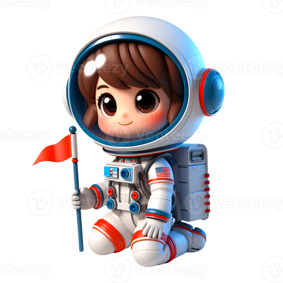 Cute Cartoon Astronaut Girl in Space Suit with Red Flag png