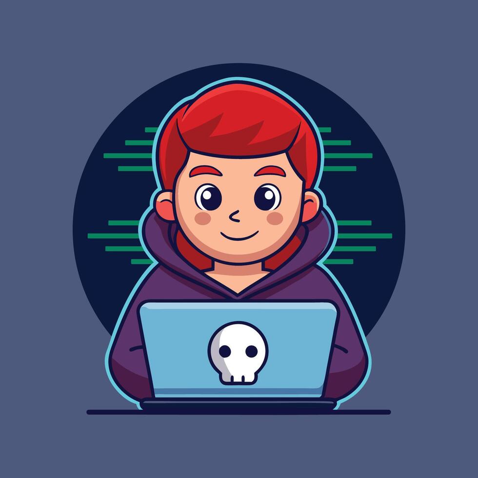 Hacker Operating A Laptop Cartoon Icon Illustration Design vector