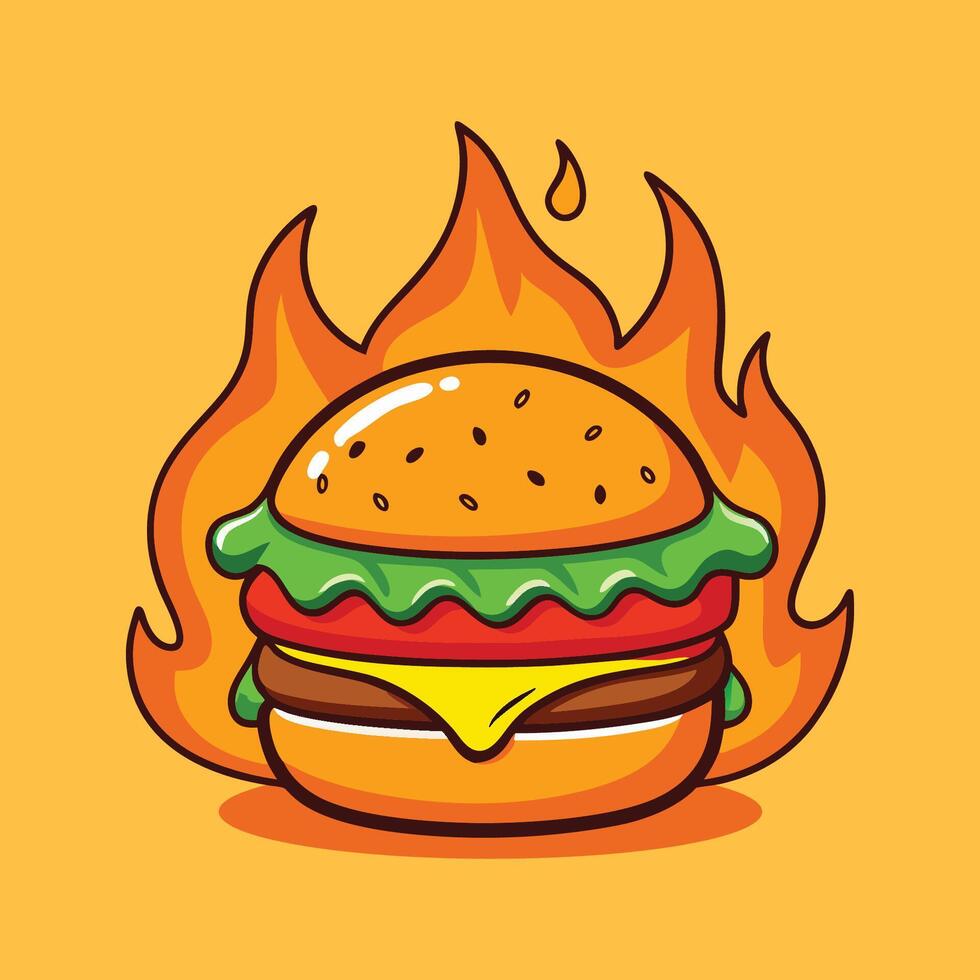 Burger Cheese With Fire Food Object Icon Desi vector