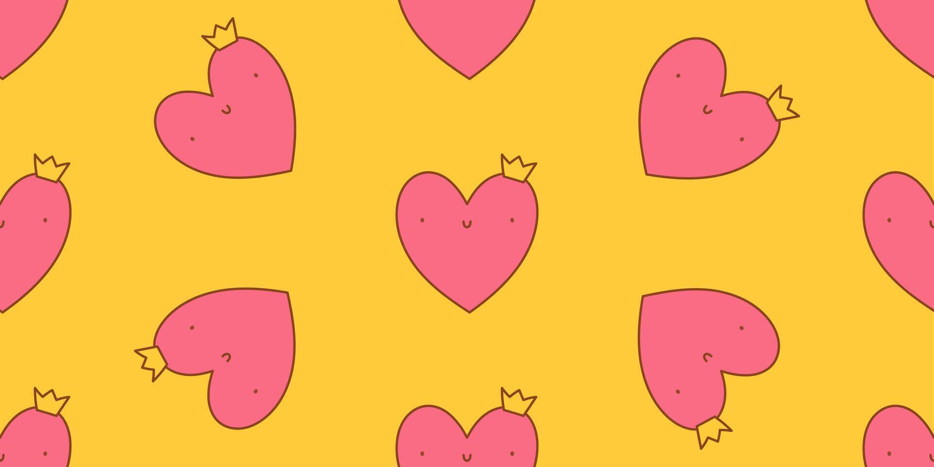 Seamless pattern with pink hearts. Cute simple happy heart with a crown. illustration for sticker, patch, phone case, poster, t-shirt, mug and other design. vector