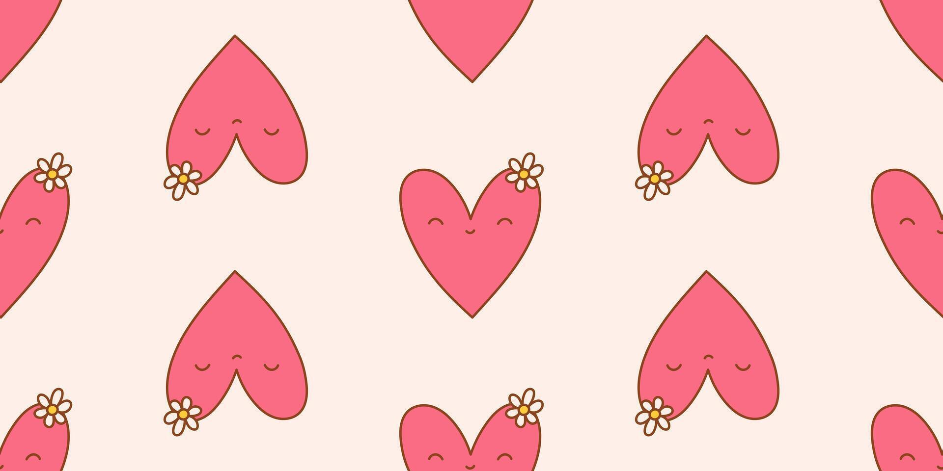 Seamless pattern with a pink hearts. Cute naive heart with a daisy. illustration for sticker, patch, phone case, poster, t-shirt, mug and other design. vector