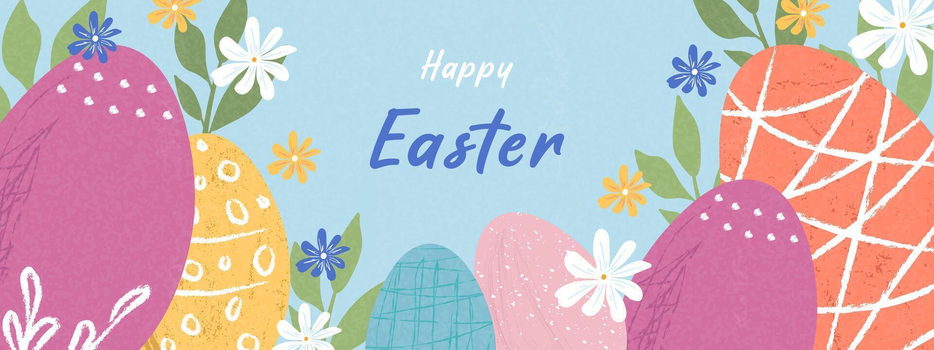 Happy Easter banner. Trendy Easter design with typography and hand painted Easter eggs. vector