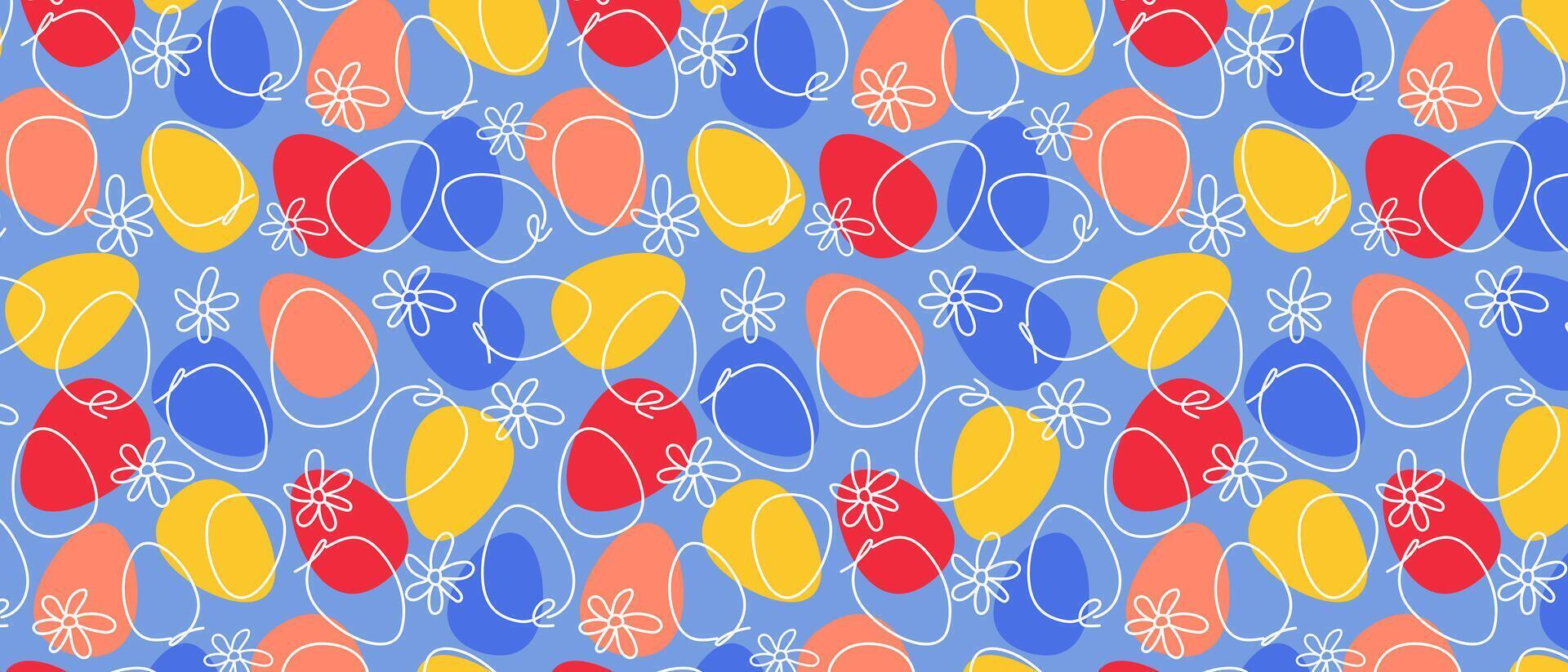 Easter pattern with colorful Easter eggs and flowers. vector