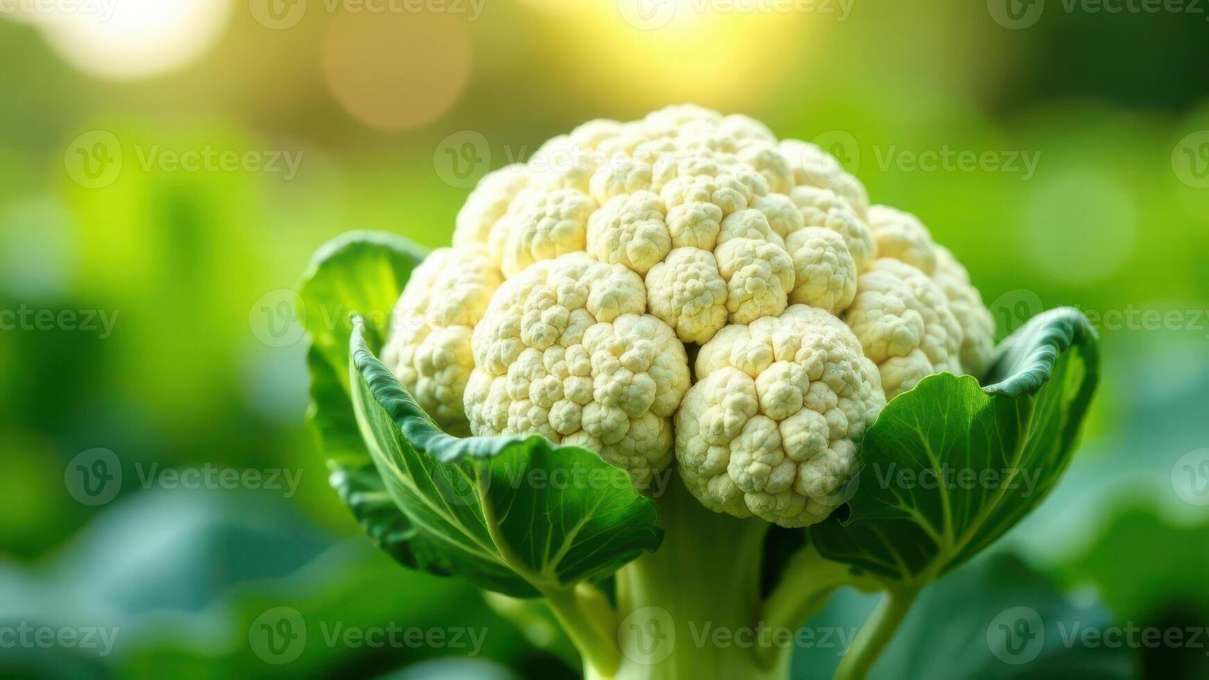Cauliflower growing in vegetable garden with sunset light photo