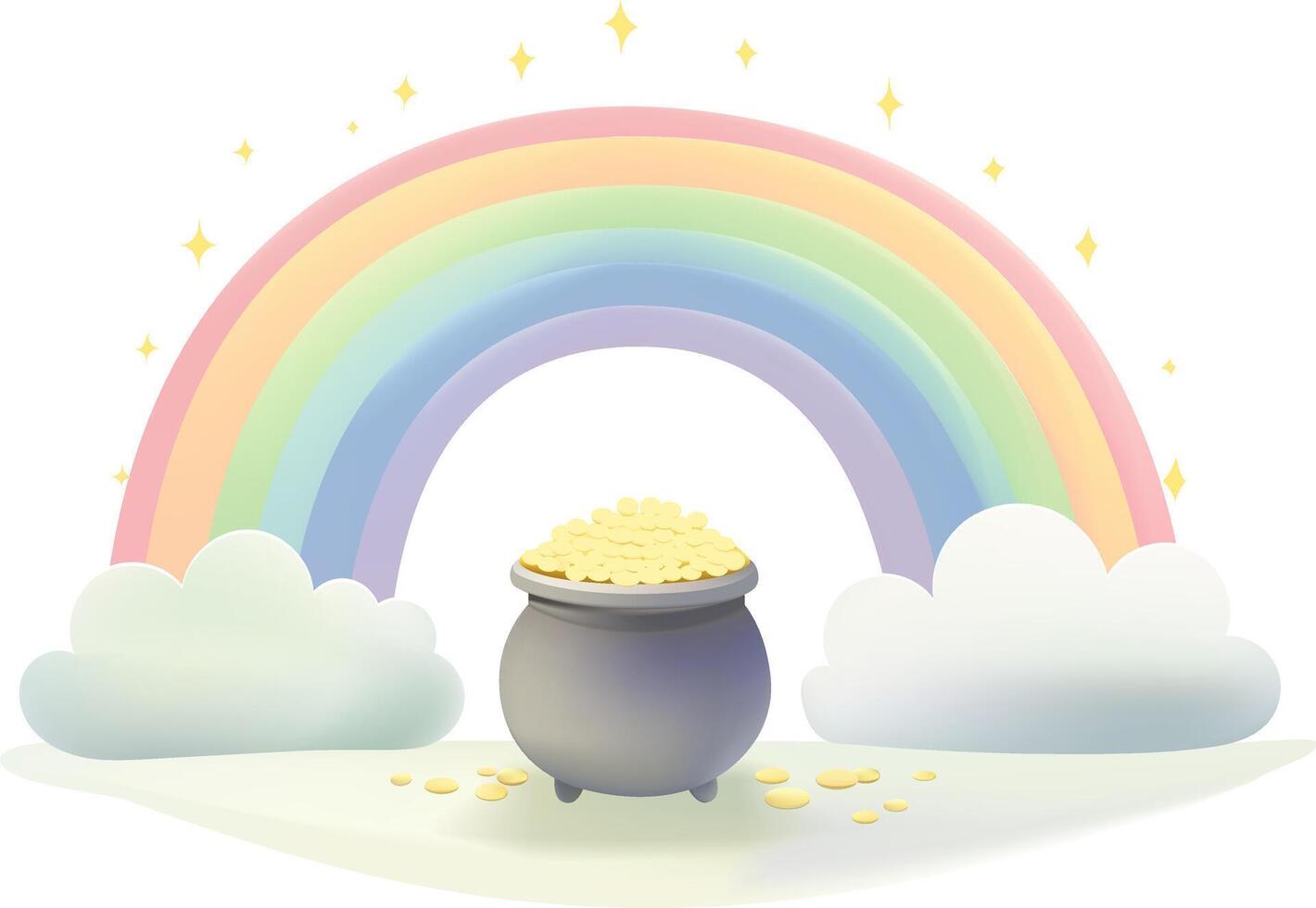 A horizontal image of a Rainbow with a Pot of Gold a bright, pastel rainbow arching and a pot of gold, Isolated on background. St. Patrick's Day concept. vector