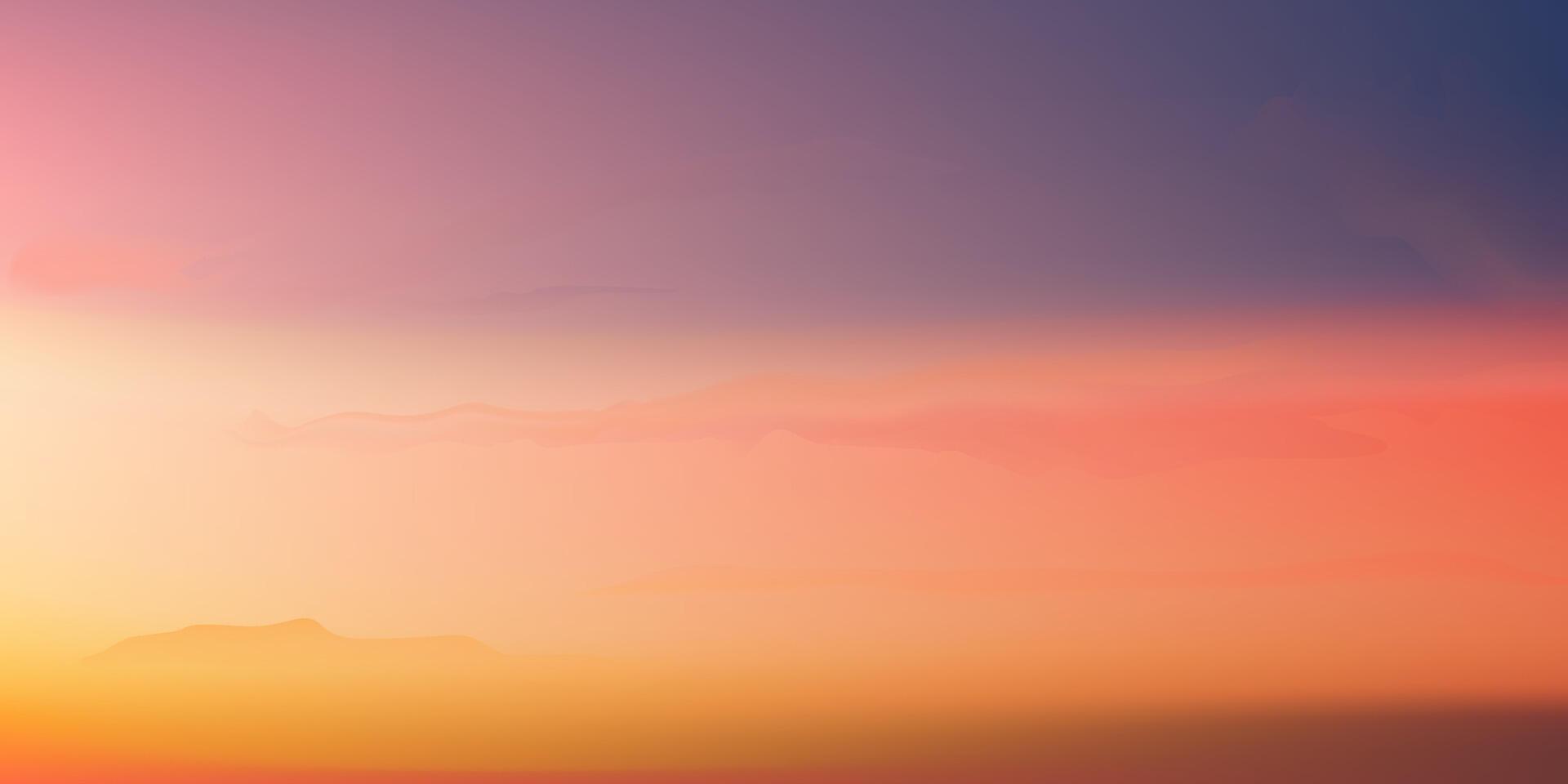 Sunset glowing in the sky evening with orange, red, purple, pink and yellow. The last light before the sun sets. Summer of Romantic sky in Dusk Twilight. Horizon Banner Sunlight. Nature background. vector