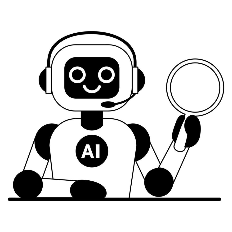 Cute chat bot is holding a magnifying glass vector