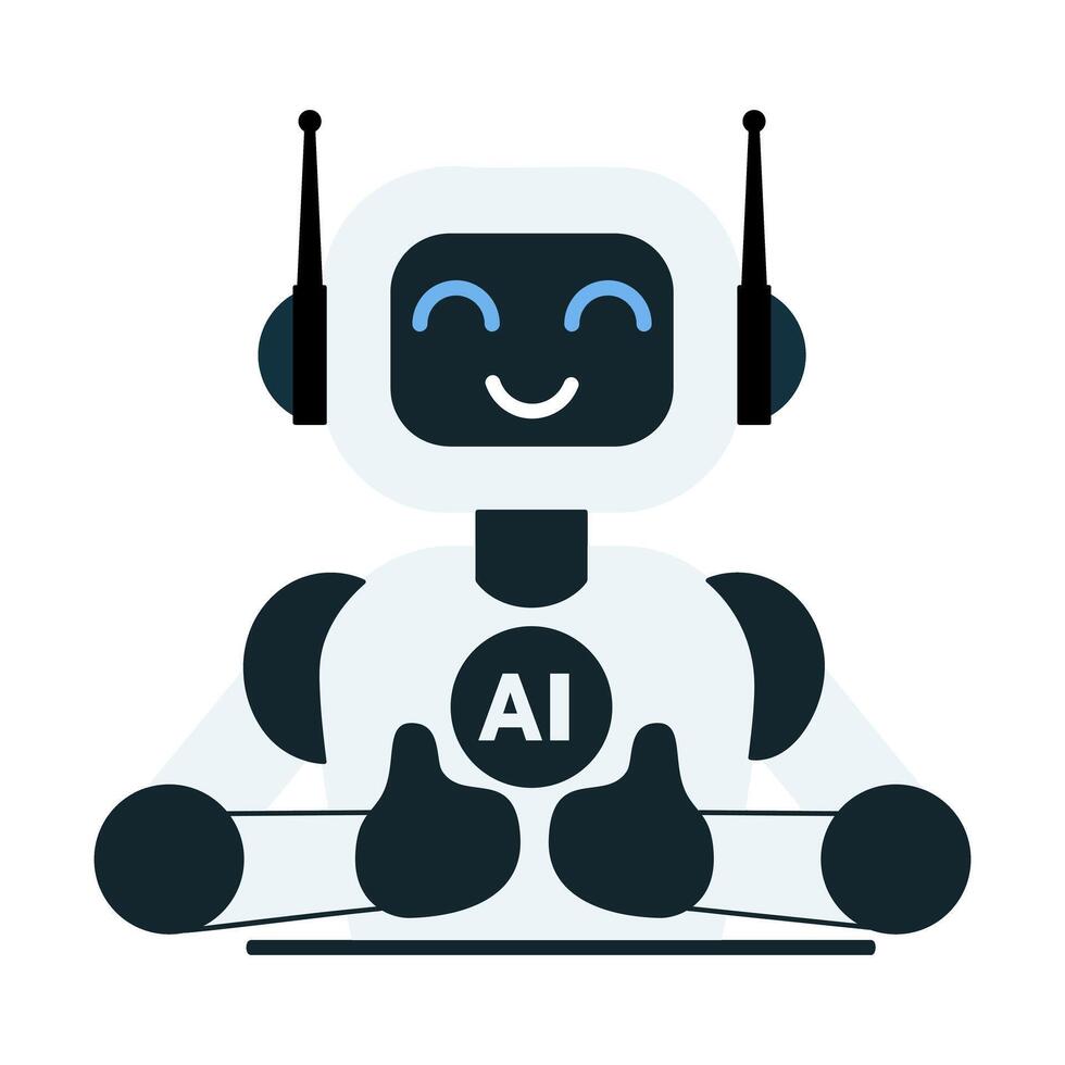 Cute robot shows thumbs up flat illustration isolated on white background vector