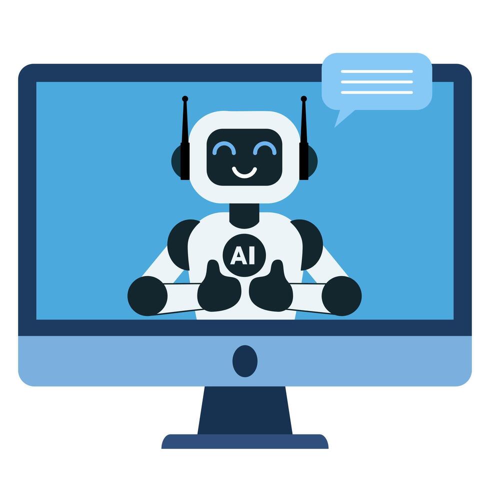 Cute robot shows thumbs up on monitor screen flat illustration isolated on white background vector