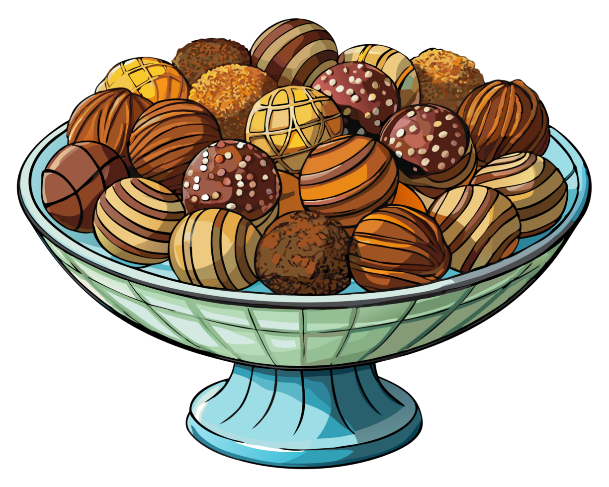 Assorted chocolate truffles in a glass bowl png