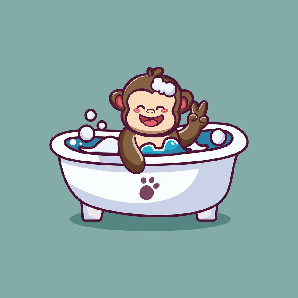 Cute Cartoon Monkey in Bathtub with Bubbles vector