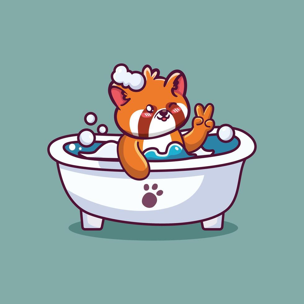Cute Cartoon Red Panda in Bathtub with Bubbles vector