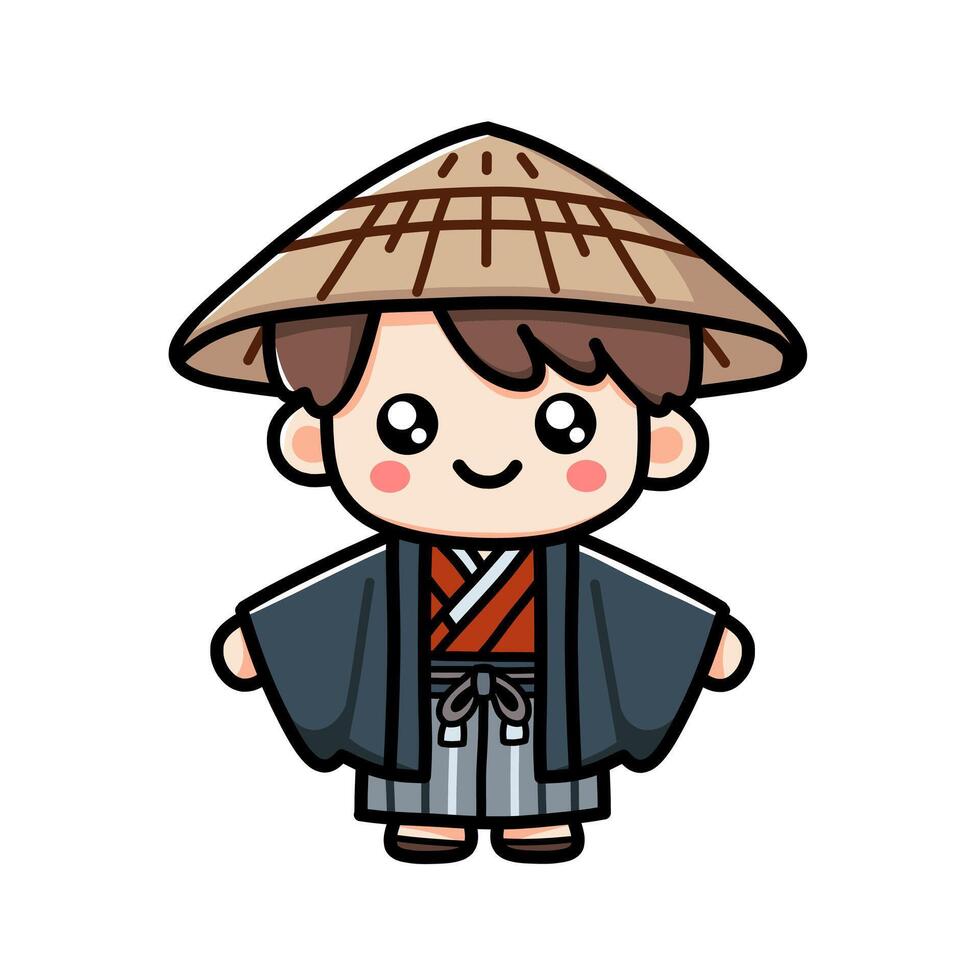 Cute Character Wearing Traditional Japanese Outfit with Straw Hat vector