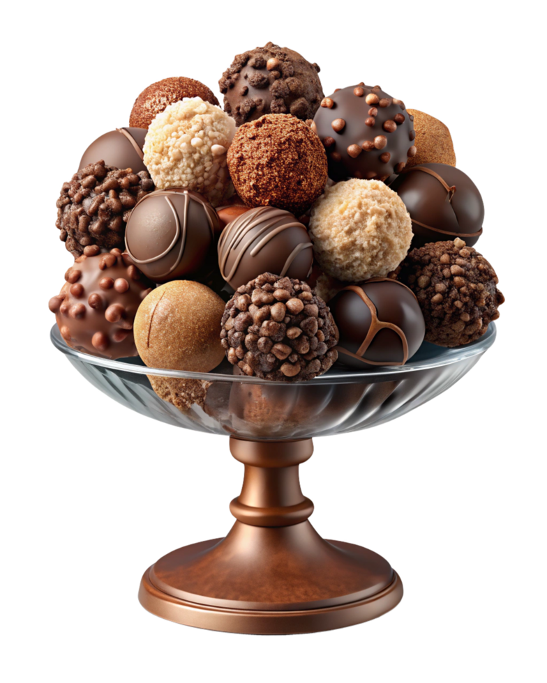 Decorative bowl filled with assorted chocolate truffles png