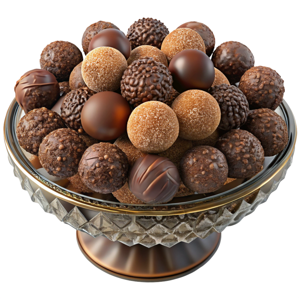 Delicious cocoa truffles in a decorative glass dish png