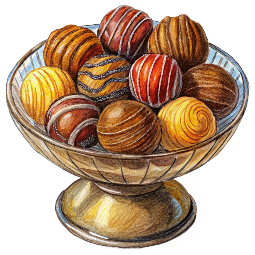 Assorted truffle selection in a fancy glass dish png