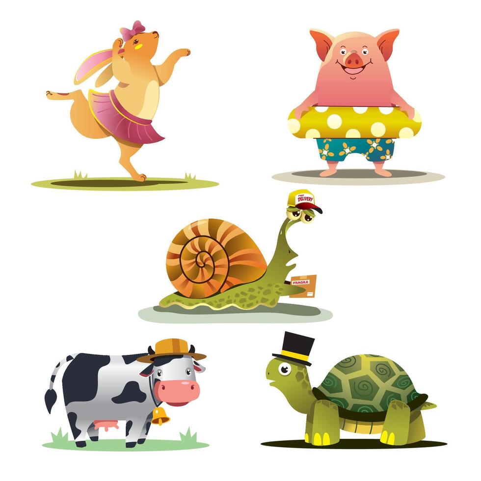 Bundling of animal cartoon illustrations for kids theme. Cow, pig, snail, rabbit, turtle characters. vector