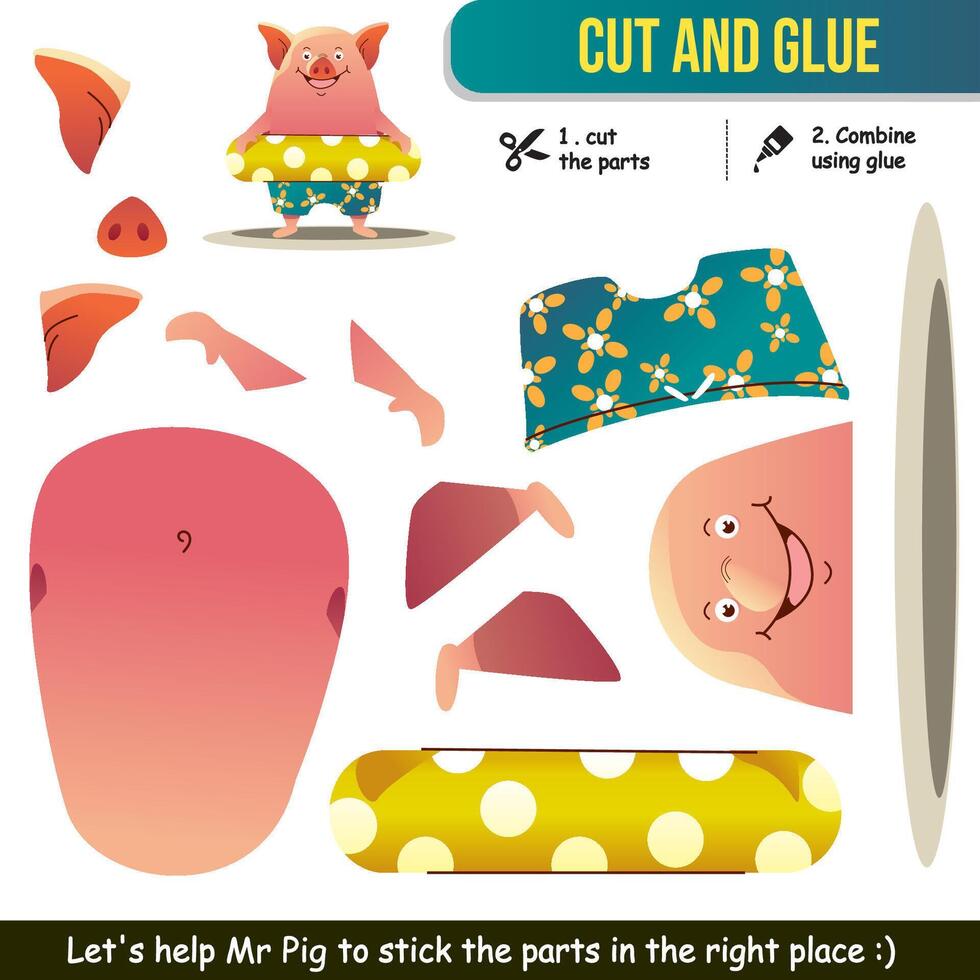 Cute animal pig cut and glue worksheet for kids. Engaging educational activity. vector