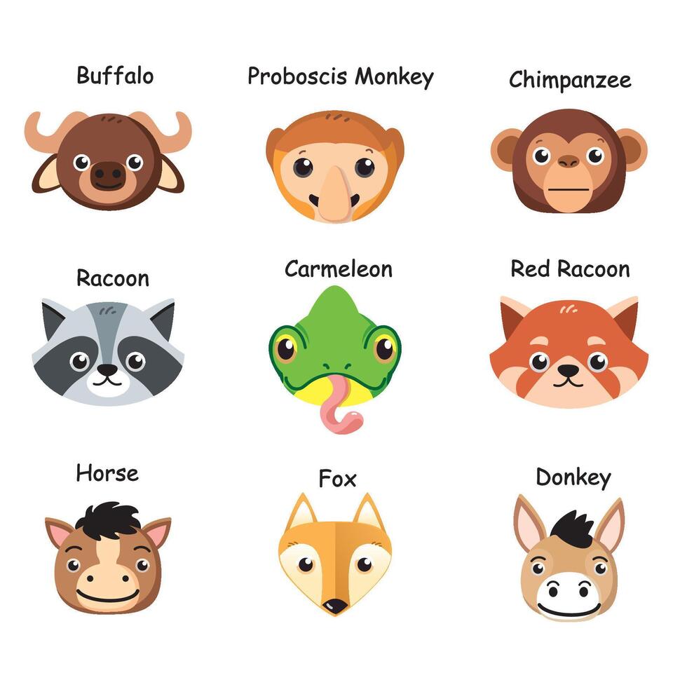 Cute and simple animal head icon pack. Fun set for digital designs vector