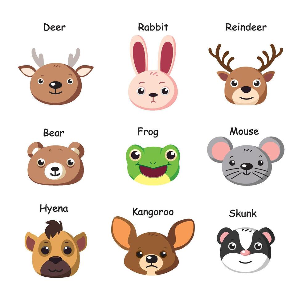 Cute animal face illustration icon set bundle. Adorable cartoon character collection vector