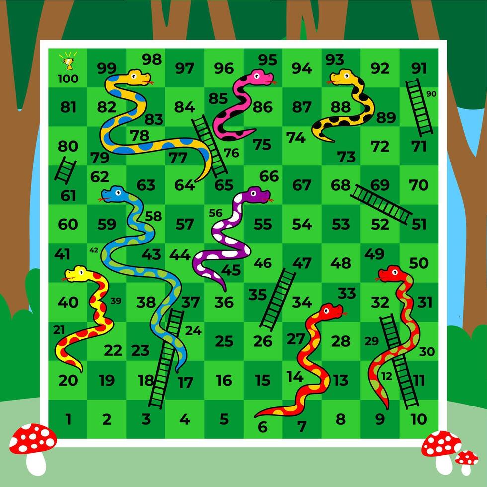 snakes and ladders board game with jungle background vector