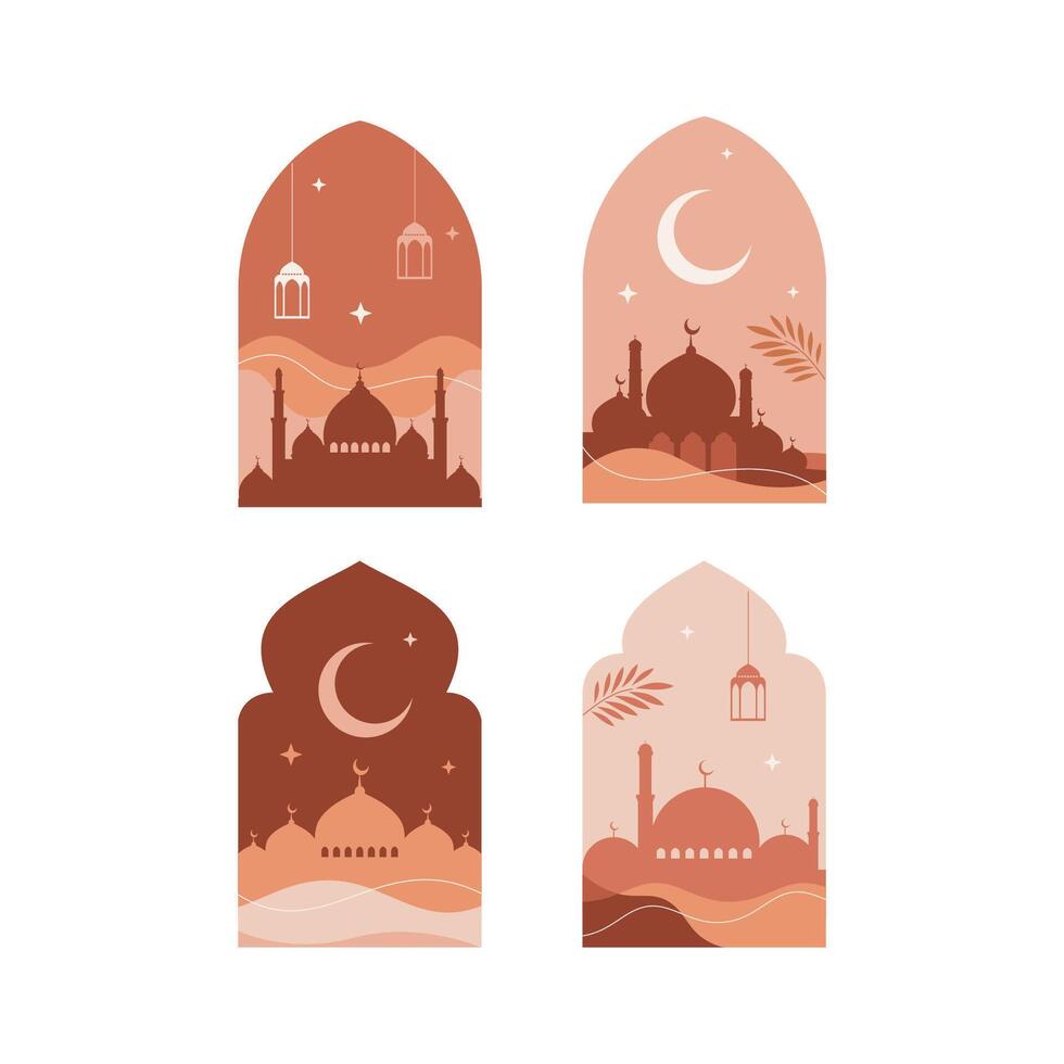 aesthetic brown illustration of moon, mosque, lantern, window, frame, background, ornament, for ramadan banner vector