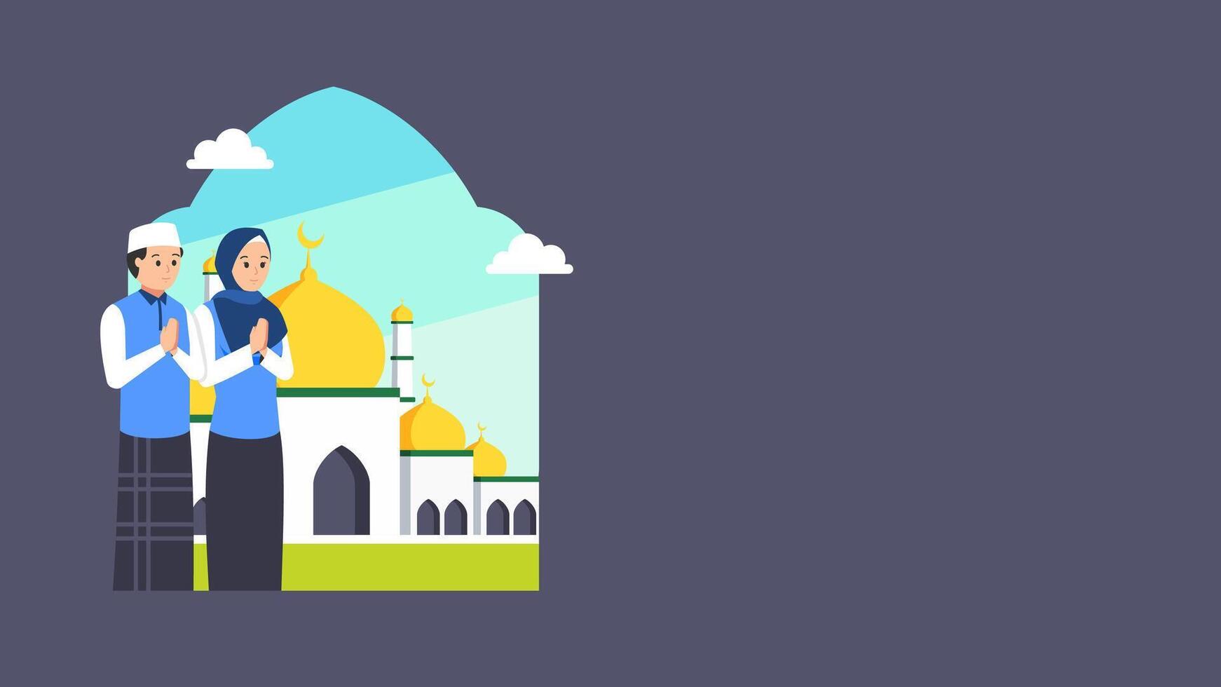 couple muslim and mosque background, with copy space for islamic event greeting vector