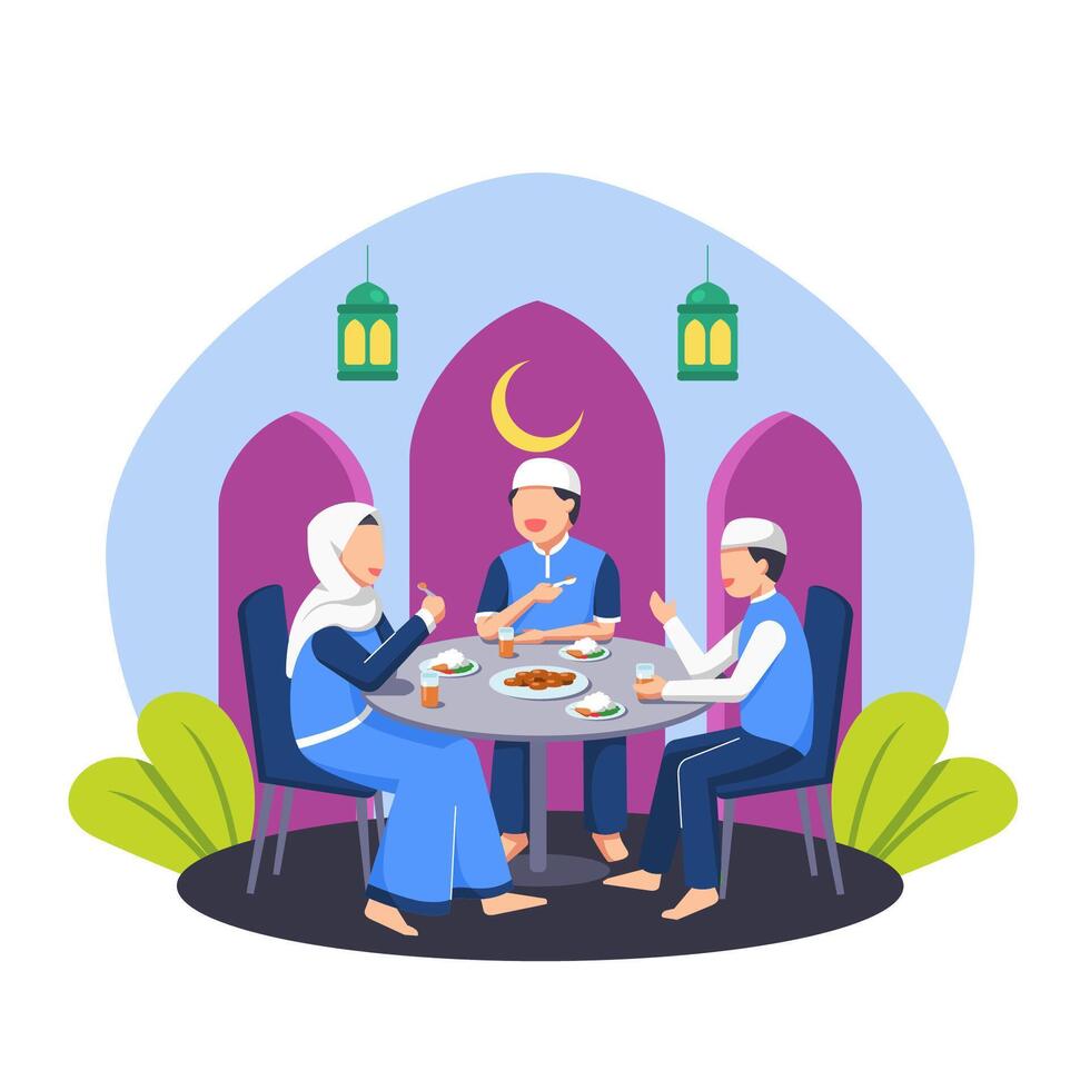Happy Iftar Concept with Various Muslim Family Having Meal Together with Family. Break Fasting activity vector