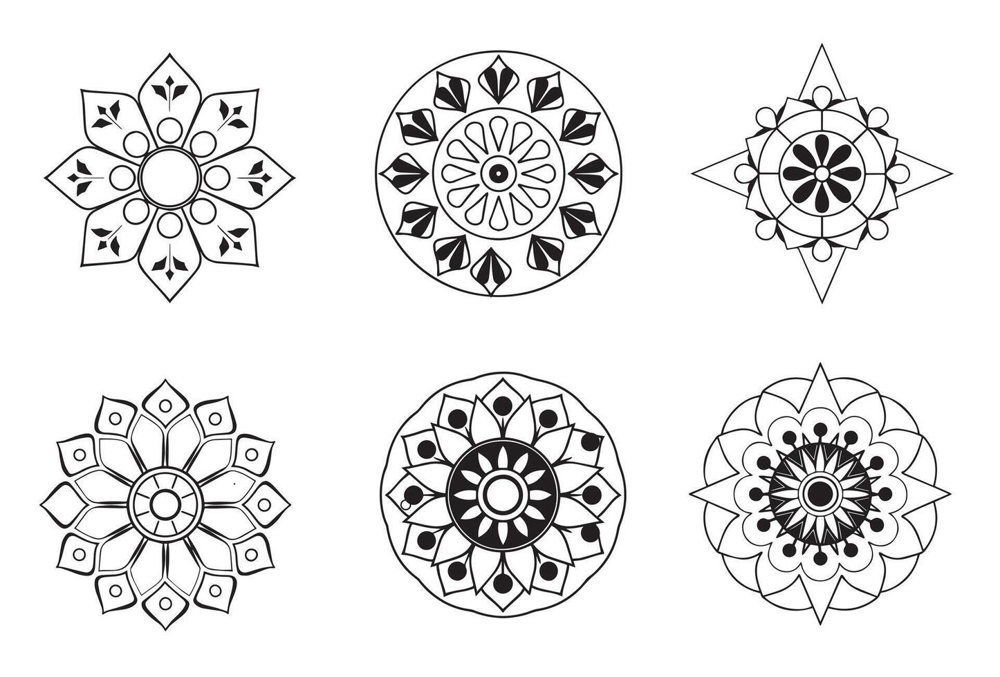 Ornate Circular Mandala Set, Black and White Line Art, vector