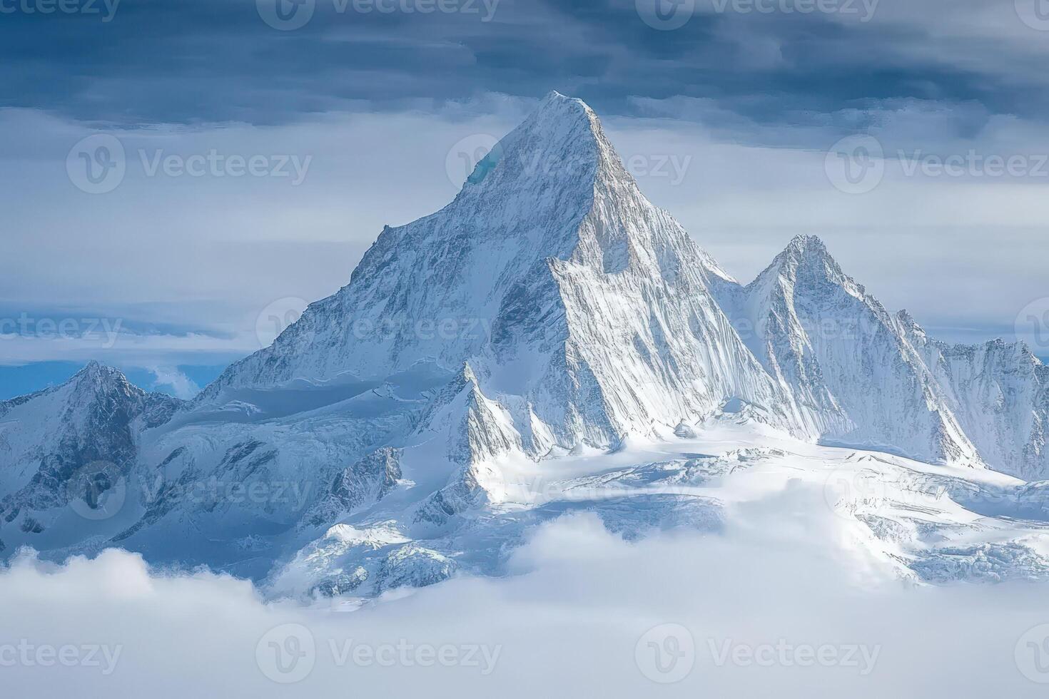 A mountain is covered in snow and clouds photo