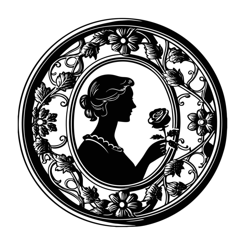 Vintage cameo featuring a silhouette of a woman holding a rose, framed with intricate ivy and vine details vector