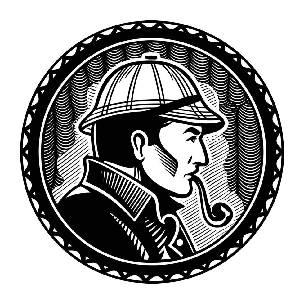 Detailed cameo silhouette of a man with a pipe, wearing a bowler hat, surrounded by a textured circular border vector