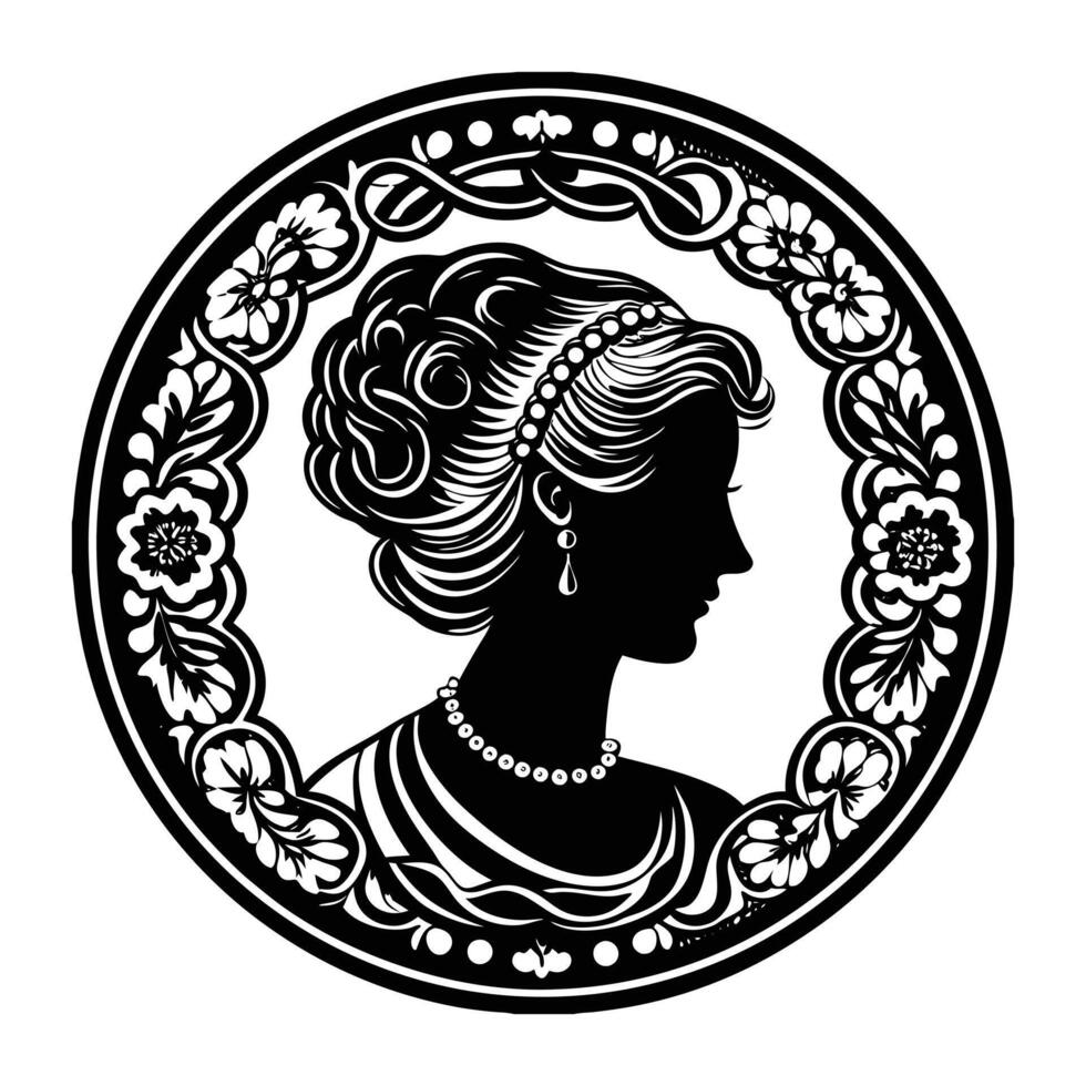 Classic Victorian era cameo silhouette featuring a lady with an elaborate updo hairstyle adorned with pearls, framed in an ornate oval border with floral patterns vector