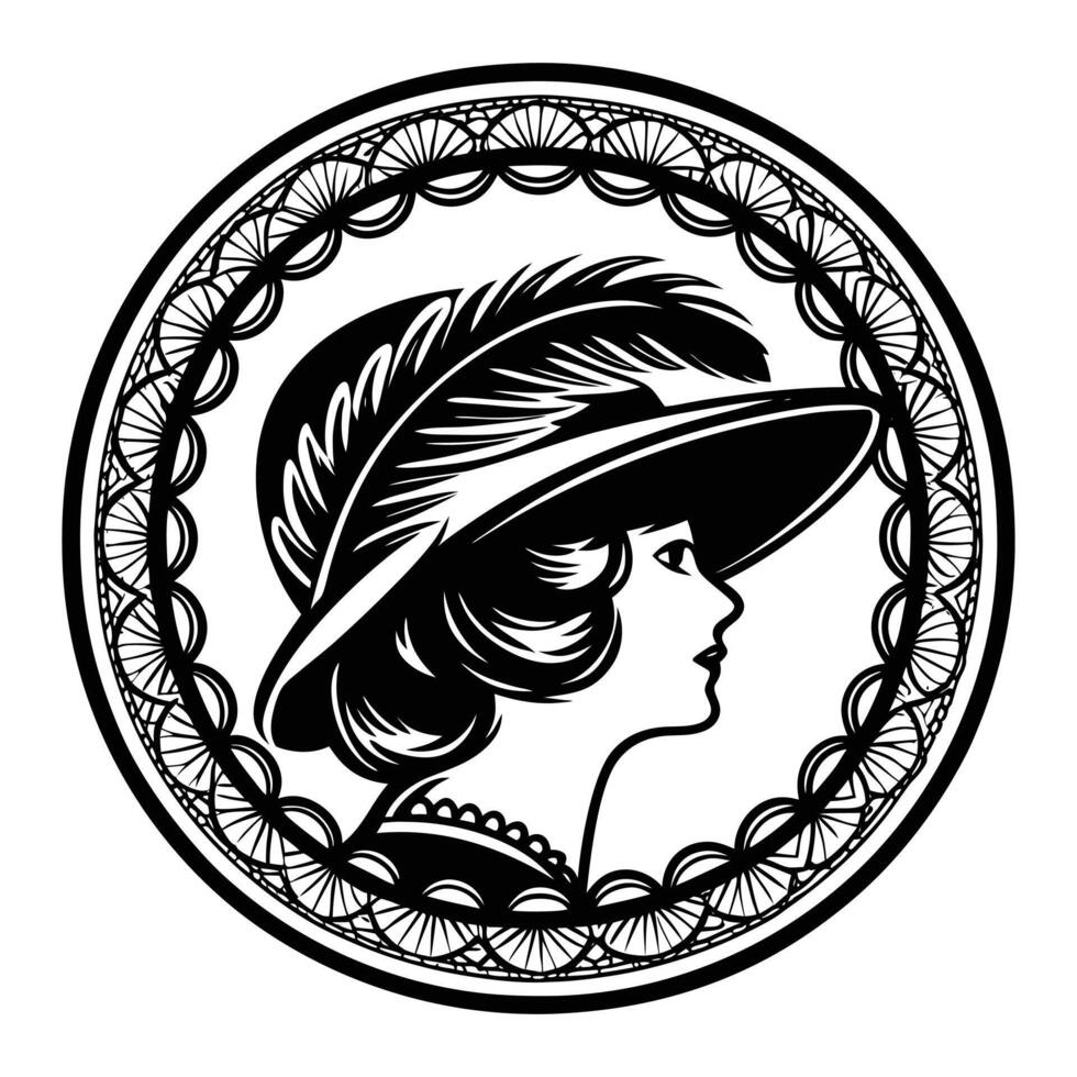Elegant silhouette of a woman wearing a wide brimmed hat decorated with feathers, enclosed in a cameo with a lace-like border vector