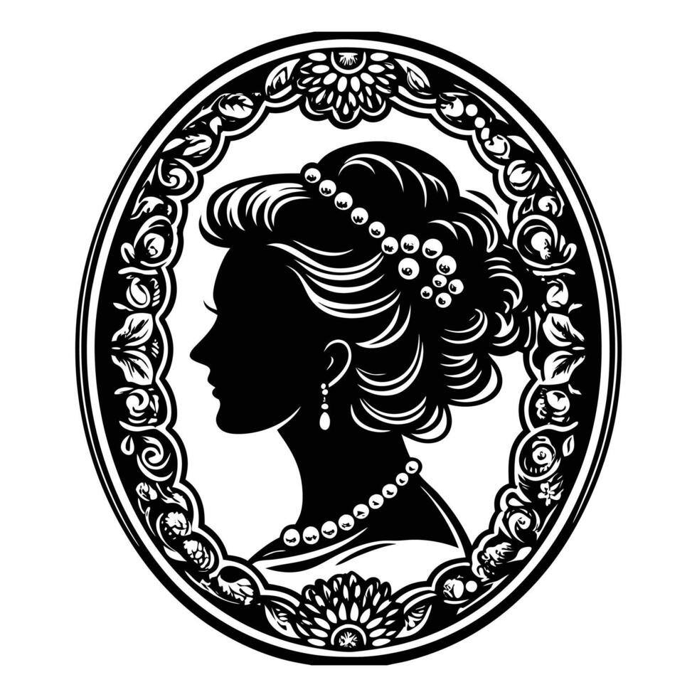 Classic Victorian-era cameo silhouette featuring a lady with an elaborate updo hairstyle adorned with pearls, framed in an ornate oval border with floral patterns vector