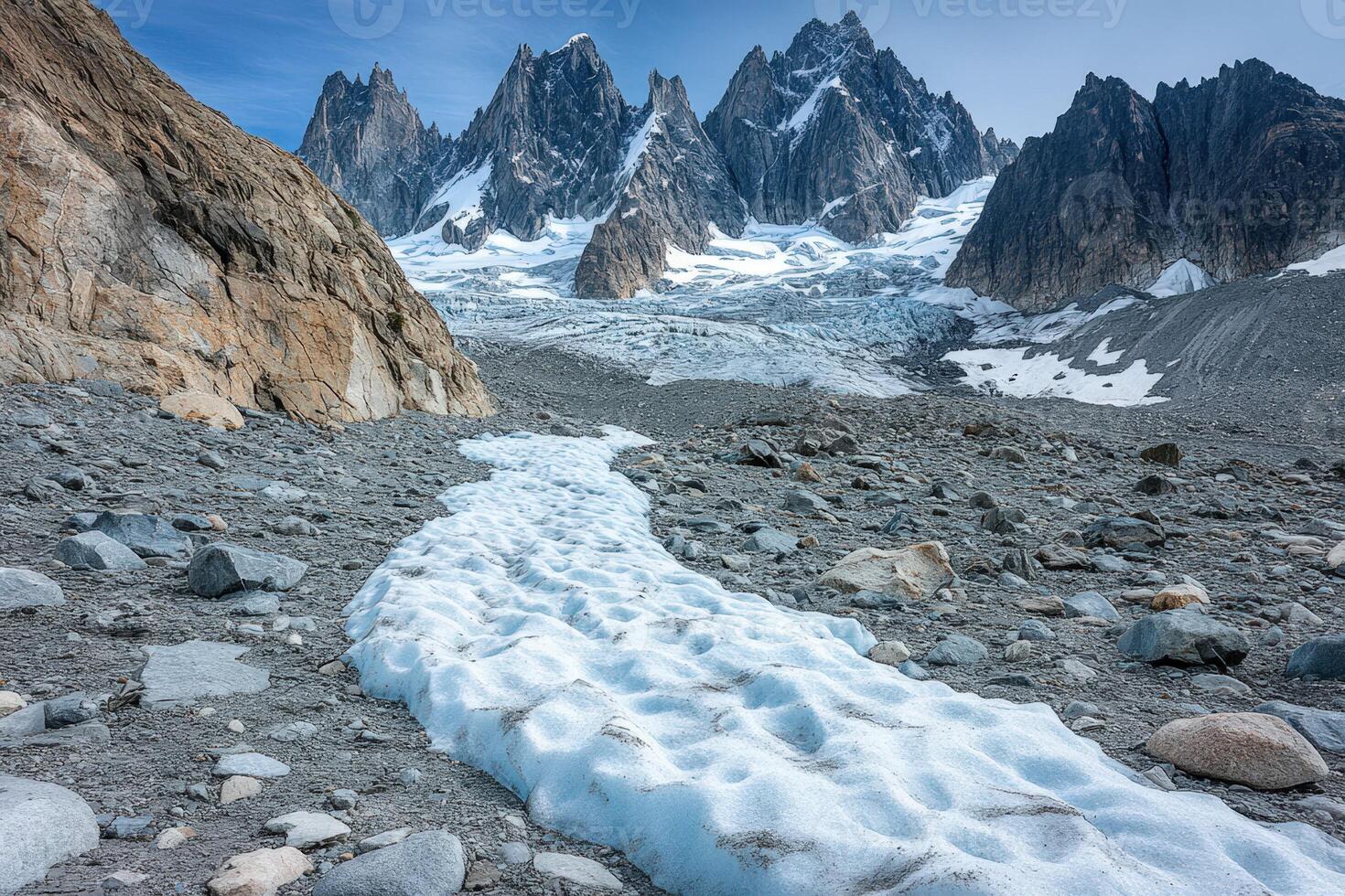 A glacier flows down a rocky mountain path photo