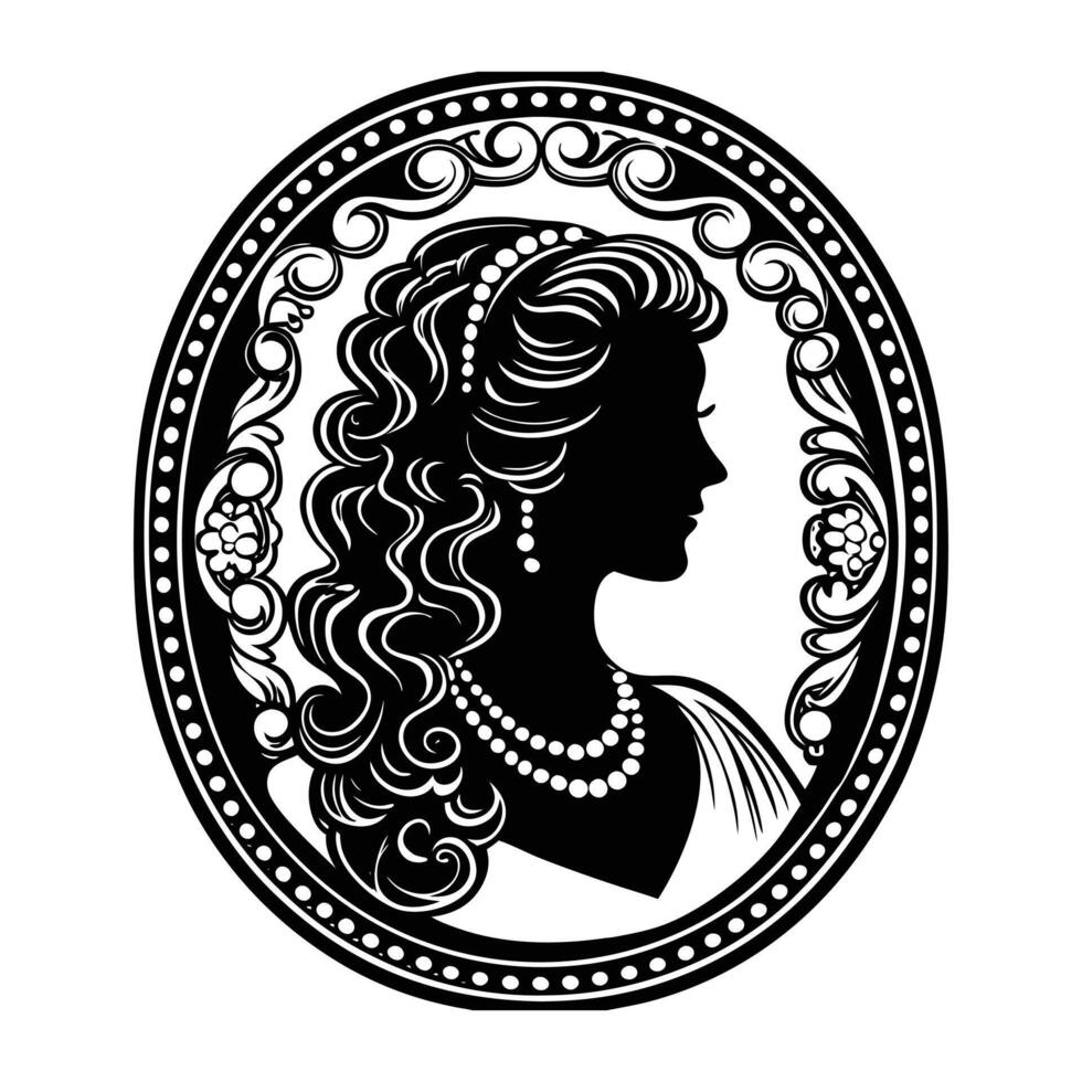 Classic cameo silhouette of a woman with curls cascading down her neck, wearing a pearl necklace, set in a gilded oval frame with baroque flourishes vector