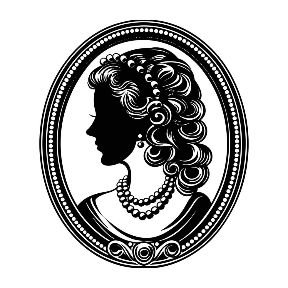 Classic cameo silhouette of a woman with curls cascading down her neck, wearing a pearl necklace vector
