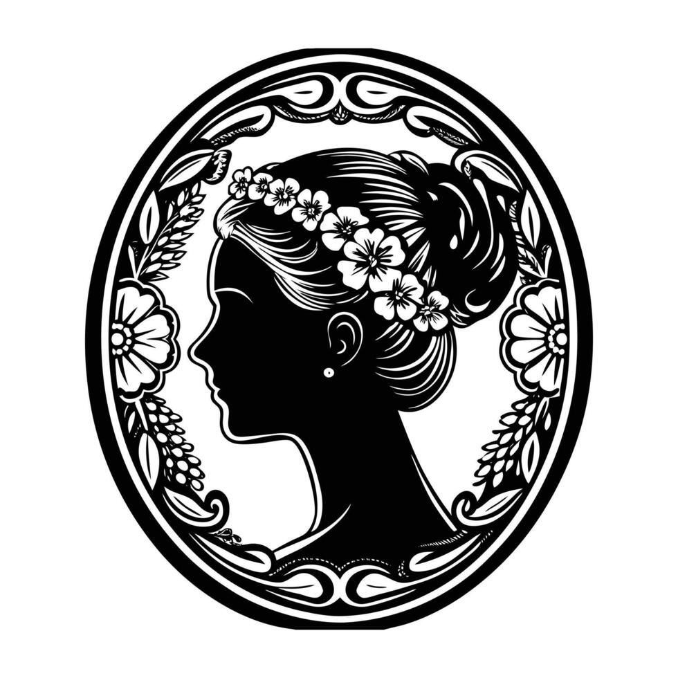 Cameo silhouette of a ballerina in profile, with her hair in a bun and a delicate floral crown, encased in a floral-patterned oval frame. vector